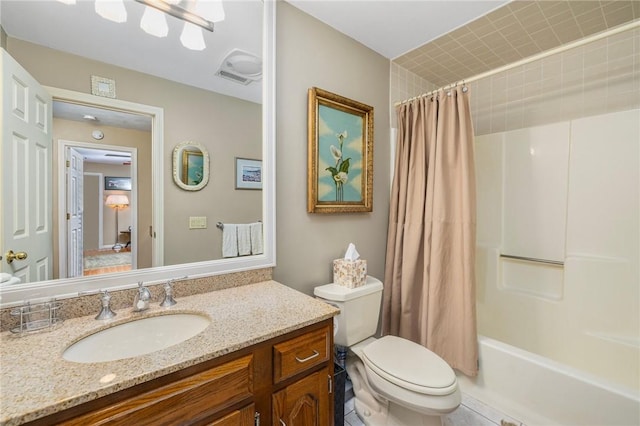 full bath with toilet, visible vents, vanity, and shower / tub combo with curtain