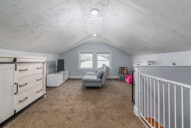 bedroom featuring lofted ceiling, a textured ceiling, carpet, and baseboards