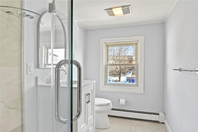 full bath with visible vents, toilet, a baseboard heating unit, a stall shower, and vanity