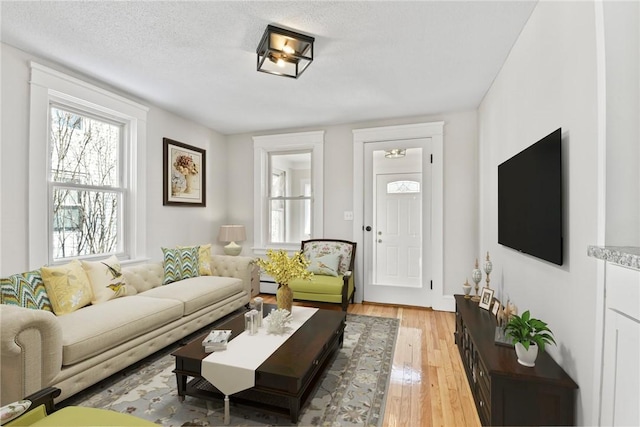 living area featuring a textured ceiling and light wood finished floors