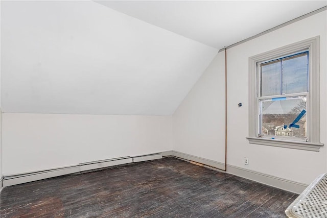 bonus room featuring vaulted ceiling, baseboard heating, and hardwood / wood-style flooring