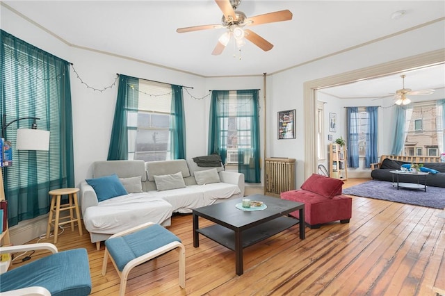 living room featuring crown molding, ceiling fan, and light wood-style floors