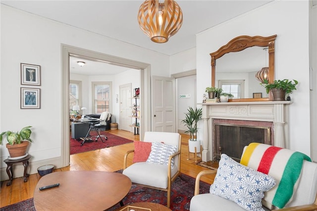 living area featuring a fireplace with flush hearth, a healthy amount of sunlight, and wood finished floors