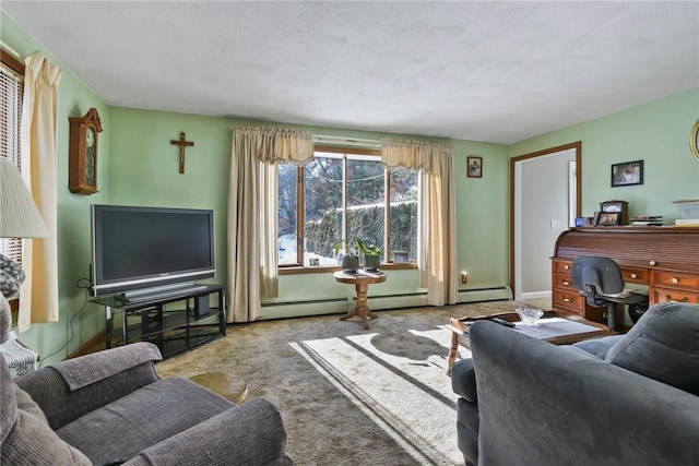 living area featuring a baseboard heating unit, a textured ceiling, and carpet flooring