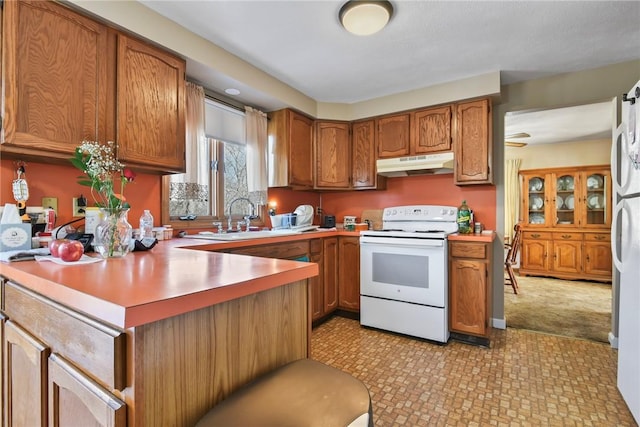 kitchen featuring a sink, under cabinet range hood, brown cabinetry, and white range with electric cooktop