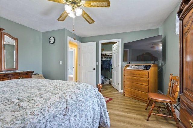 bedroom featuring a ceiling fan, light wood-type flooring, and a walk in closet