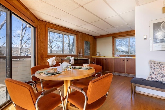 dining area featuring a healthy amount of sunlight, wooden walls, a drop ceiling, and wood finished floors