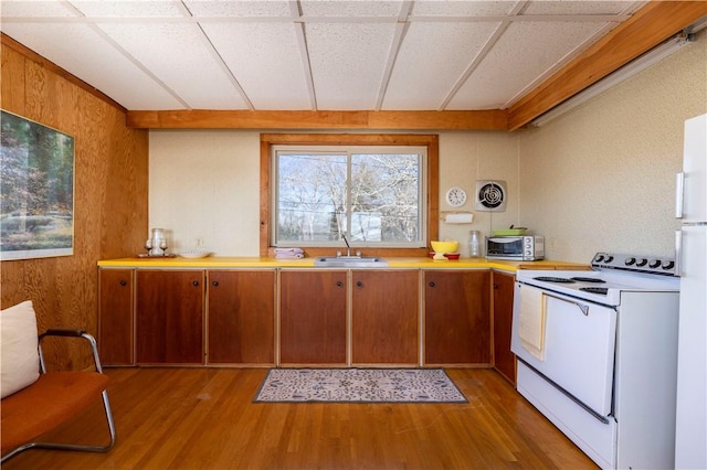 kitchen with white electric range oven, a paneled ceiling, light countertops, light wood-style floors, and a sink