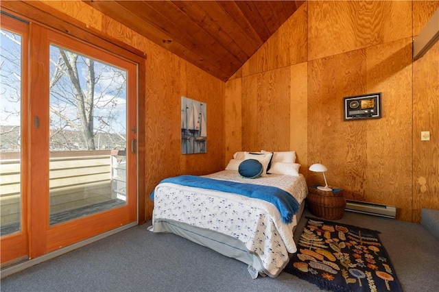 carpeted bedroom featuring access to outside, wood ceiling, vaulted ceiling, and baseboard heating