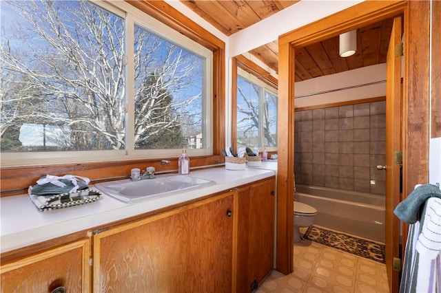 bathroom with toilet, wood ceiling, vanity, a tub, and tile patterned floors