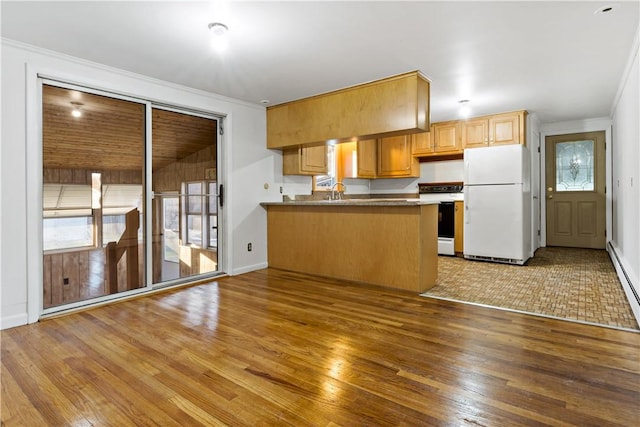 kitchen with a peninsula, range with electric stovetop, wood finished floors, and freestanding refrigerator