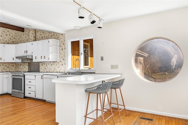 kitchen with electric range, white dishwasher, a sink, light wood-type flooring, and under cabinet range hood