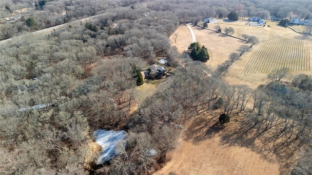 birds eye view of property with a forest view and a rural view