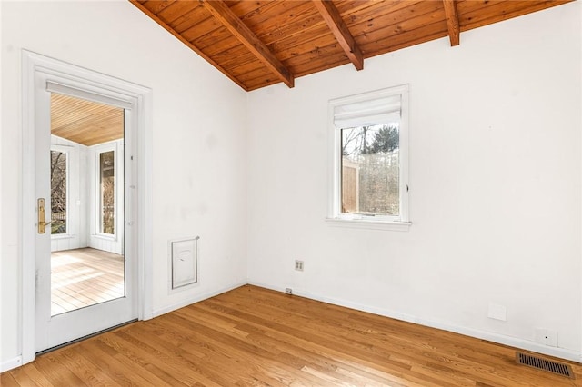 unfurnished room with vaulted ceiling with beams, visible vents, wood ceiling, light wood-type flooring, and baseboards