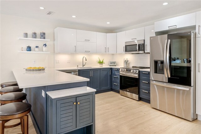 kitchen featuring a sink, appliances with stainless steel finishes, a breakfast bar area, a peninsula, and white cabinets