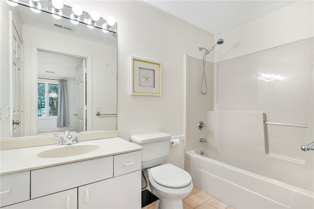 full bathroom with tile patterned floors, visible vents, toilet, washtub / shower combination, and vanity