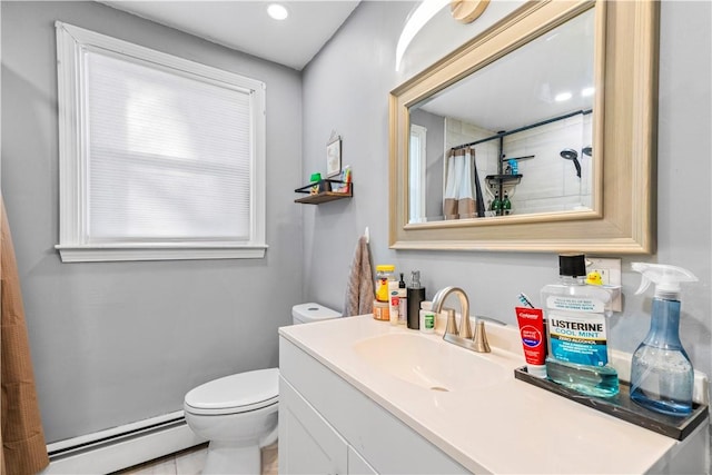 bathroom with toilet, a shower with curtain, a baseboard heating unit, and vanity