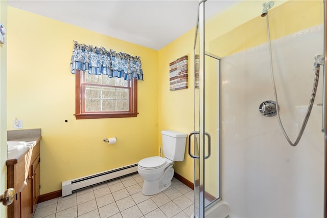 full bath featuring toilet, a baseboard heating unit, vanity, a shower stall, and tile patterned floors