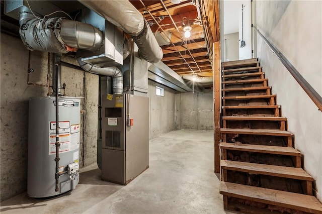 unfinished basement featuring water heater, stairs, and heating unit