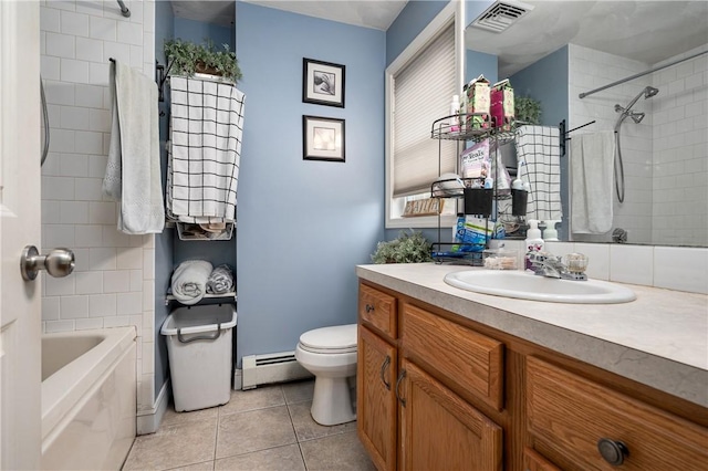 full bathroom featuring visible vents, toilet, baseboard heating, vanity, and tile patterned floors