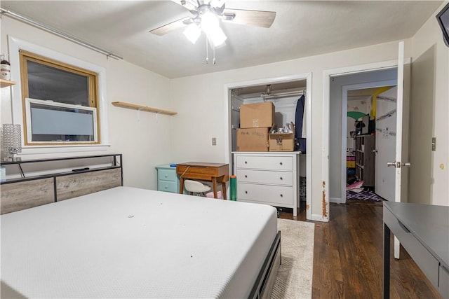 bedroom featuring ceiling fan and wood finished floors