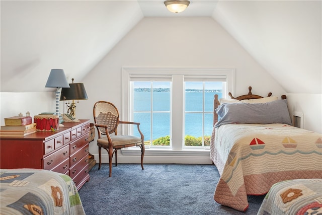 bedroom with lofted ceiling and carpet flooring