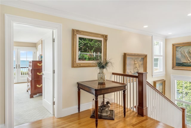 corridor with plenty of natural light, baseboards, crown molding, and an upstairs landing