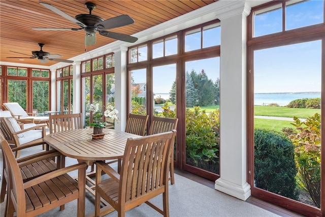 sunroom / solarium with ceiling fan, a water view, and wooden ceiling