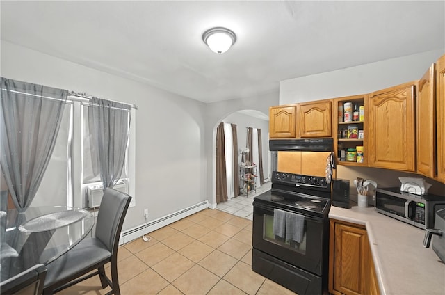 kitchen with arched walkways, a baseboard radiator, stainless steel microwave, black / electric stove, and under cabinet range hood