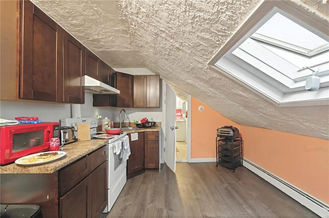 kitchen featuring a baseboard heating unit, a sink, light wood-type flooring, under cabinet range hood, and electric stove