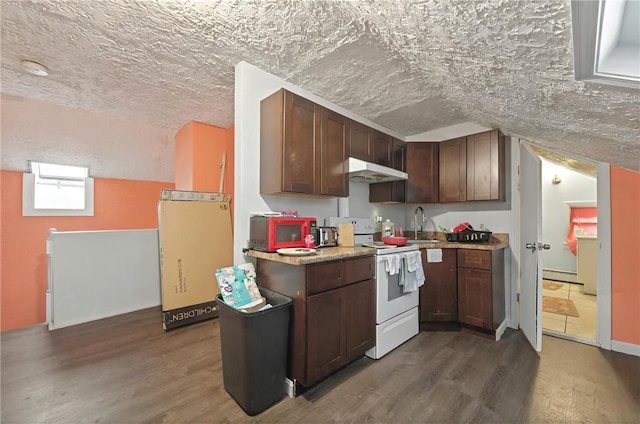 kitchen with white electric range oven, under cabinet range hood, wood finished floors, and a textured ceiling