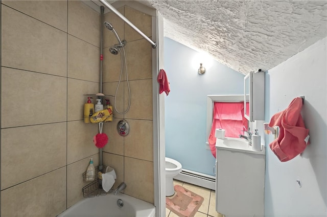 full bathroom featuring a textured ceiling, a baseboard radiator, shower / tub combination, toilet, and vanity