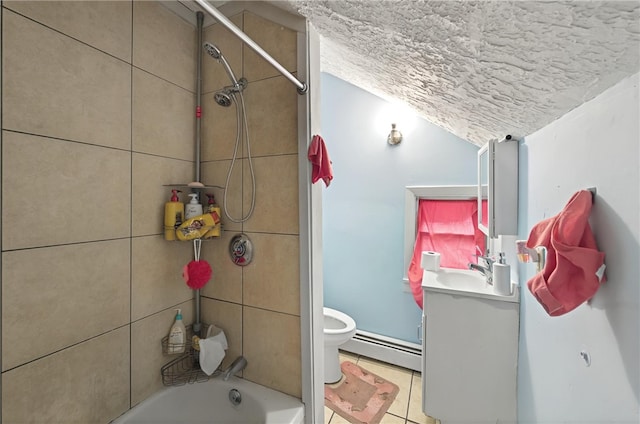 full bath with lofted ceiling, tile patterned floors, toilet, vanity, and a baseboard radiator