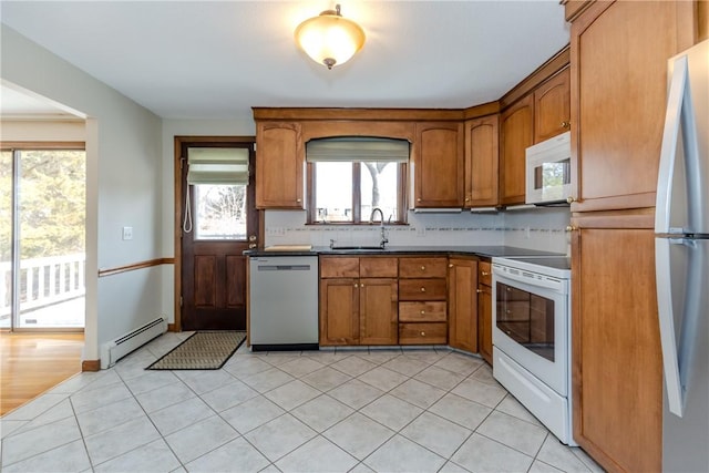 kitchen with a sink, appliances with stainless steel finishes, baseboard heating, backsplash, and brown cabinets