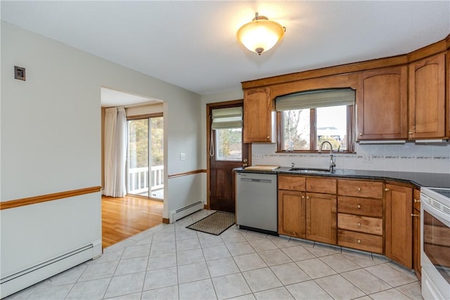 kitchen featuring stainless steel dishwasher, baseboard heating, a sink, and brown cabinetry