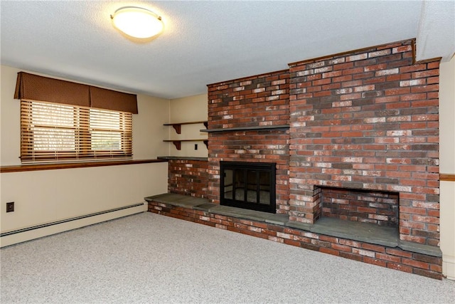 unfurnished living room with a textured ceiling, a fireplace, carpet flooring, and a baseboard radiator