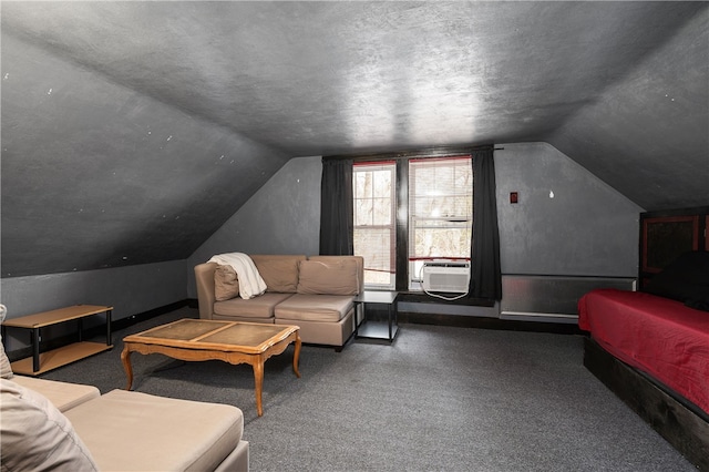 interior space featuring cooling unit, vaulted ceiling, and a textured ceiling