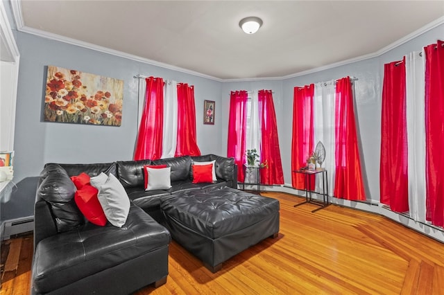107 Lenox Ave, Providence, RI 02907 - living room featuring ornamental molding, a baseboard radiator, and wood finished floors