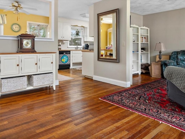 interior space featuring dark wood-style floors, a sink, and baseboards