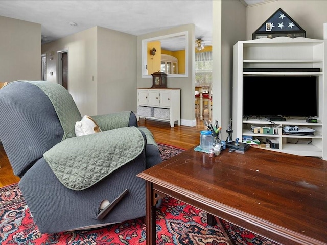 living room featuring ceiling fan and wood finished floors