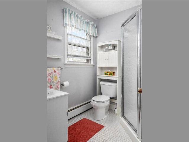 full bath featuring a stall shower, toilet, tile patterned flooring, vanity, and a baseboard heating unit