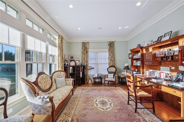 office space featuring ornamental molding, recessed lighting, and wood finished floors