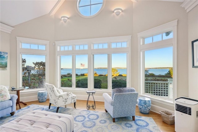 sunroom / solarium with lofted ceiling, a healthy amount of sunlight, and a water view