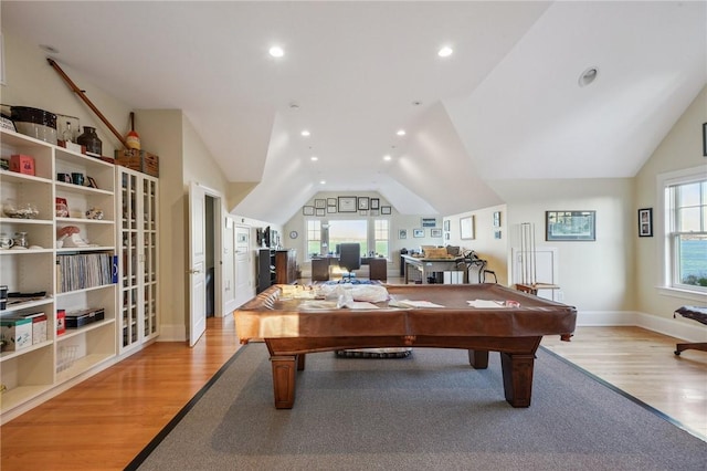 game room with vaulted ceiling, pool table, and a healthy amount of sunlight