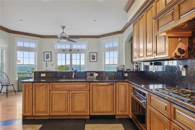 kitchen featuring tasteful backsplash, crown molding, stainless steel appliances, and a sink