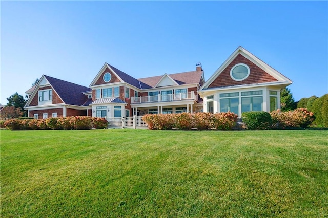 view of front of home with a front yard, a chimney, and a balcony