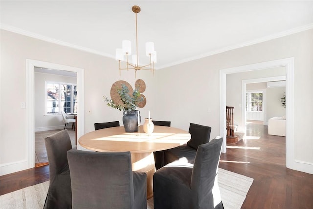 dining room featuring plenty of natural light, wood finished floors, and crown molding