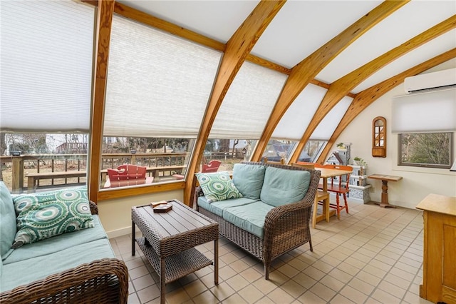 sunroom / solarium featuring vaulted ceiling with beams and an AC wall unit