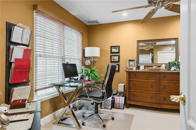 home office with recessed lighting, visible vents, ceiling fan, and baseboards