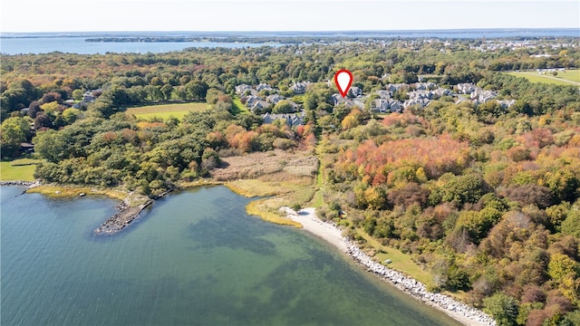 drone / aerial view with a water view and a view of trees